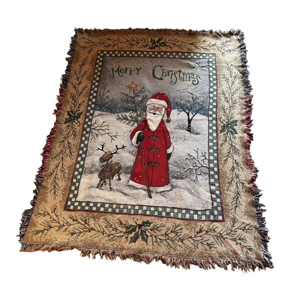 Vintage Merry Christmas Santa Winter Woven Tapestry Blanket 69x52 - Picture 1 of 2